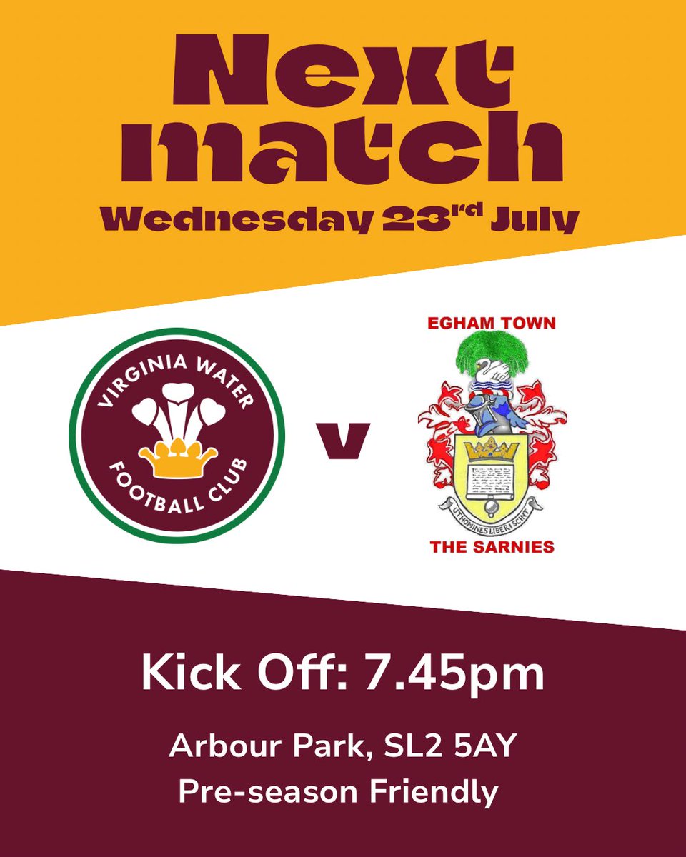 Virginia Water FC (@vwfcofficial) on Twitter photo Our final home pre-season friendly is tomorrow!
<a href="/EghamTown/">Egham Town FC</a> visit Arbour Park!
ยฃ5 Adult | ยฃ3 Concession (65+ or 17/18) | Free U16
<a href="/sloughtownfc/">Slough Town FC</a> members half price!
#UptheWaters Our final home pre-season friendly is tomorrow!
<a href="/EghamTown/">Egham Town FC</a> visit Arbour Park!
ยฃ5 Adult | ยฃ3 Concession (65+ or 17/18) | Free U16
<a href="/sloughtownfc/">Slough Town FC</a> members half price!
#UptheWaters