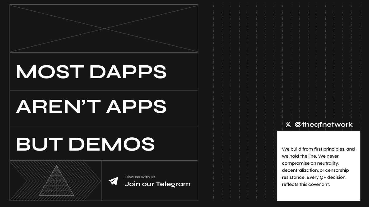 theqfnetwork's tweet image. Most dApps aren’t apps.

They’re blockchain demos pretending to be products.

Slow load times. Wallet popups. RPC errors. A maze of bridges, relayers, and unexplained fees.

This isn’t user experience, it’s technical debt disguised as innovation.

At QF Network, we’re rebuilding…