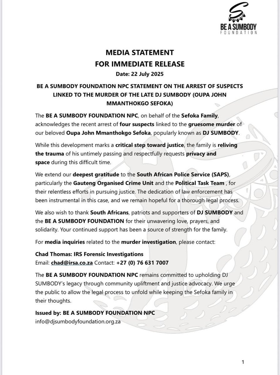 FraudWatchZA's tweet image. Media statement from the Be A Sumbody Foundation: