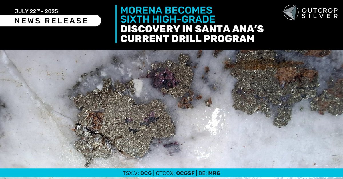 New Morena High Grade Discovery at Santa Ana

Outcrop Silver announces its sixth high grade discovery in Santa Ana’s current drilling program, this time at the Morena vein.

📌 DH471: 1.87m @ 794 g/t AgEq, including 0.55m @ 2,197 g/t AgEq
📌 DH467: 2.29m @ 261 g/t AgEq,