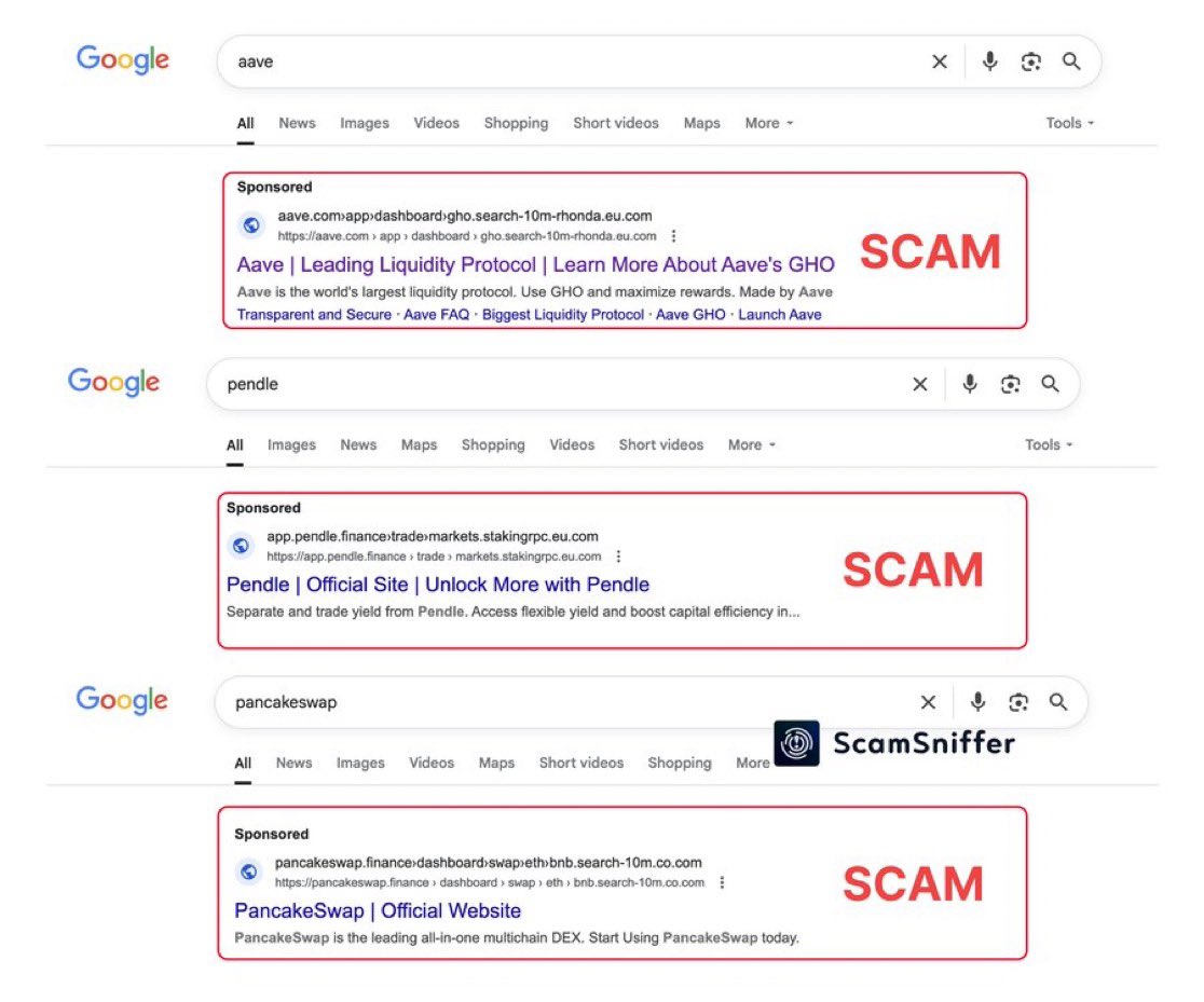 Berit1p's tweet image. Don’t rely on Google to search DeFi sites.
Fake ads for Aave, PancakeSwap, Pendle, and others show up right at the top. One wrong click and your funds are gone.
@realScamSniffer flagged this. Always double-check URLs and bookmark official sites to stay safe.