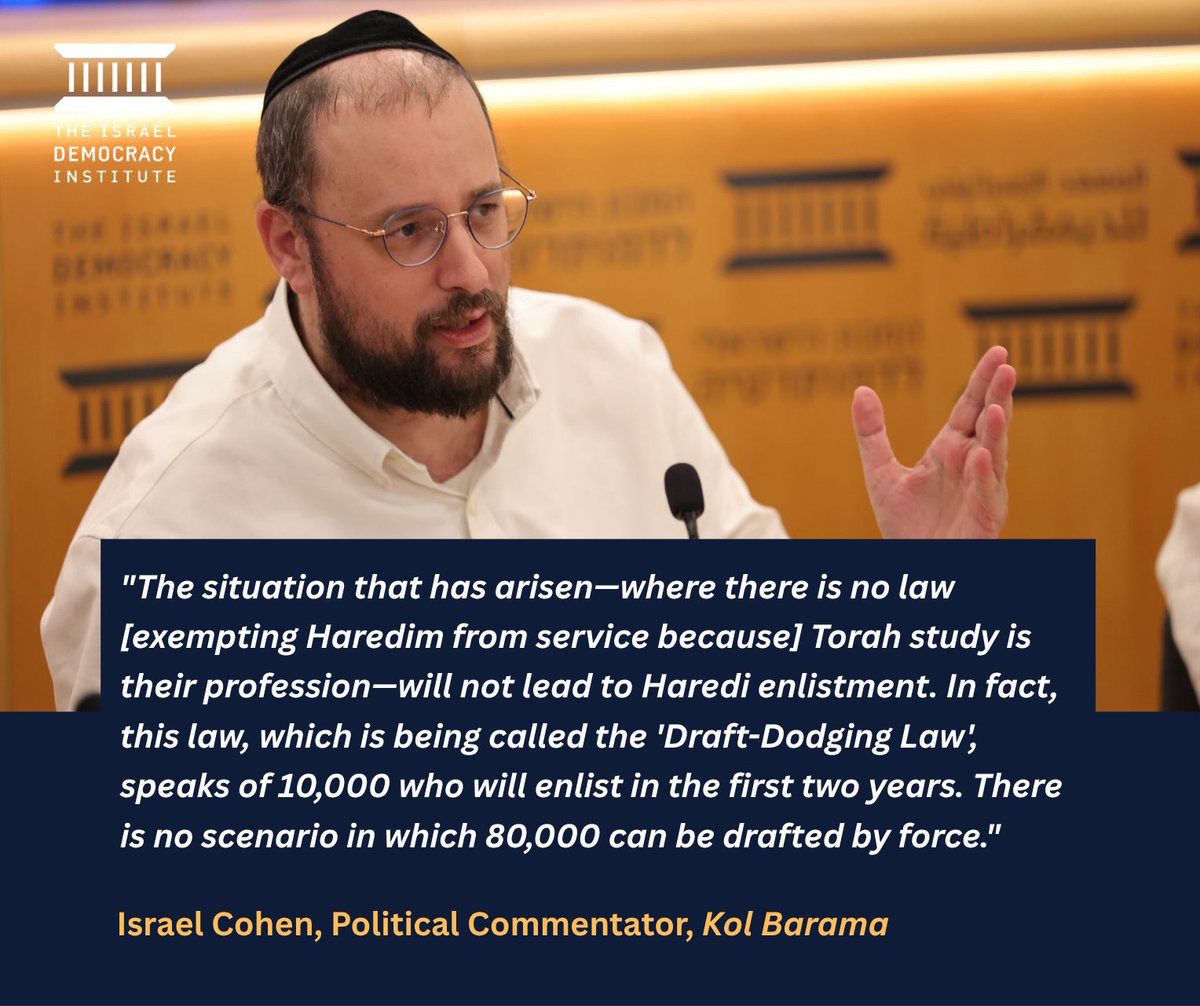 Israel Cohen, political commentator for the "Kol Barama" media outlet, spoke in support of what opponents call the "draft-dodging law," arguing that you can't draft 80,000 Haredim by force, but the law does speak of enlisting 10,000 in the first two years. The debate continues to
