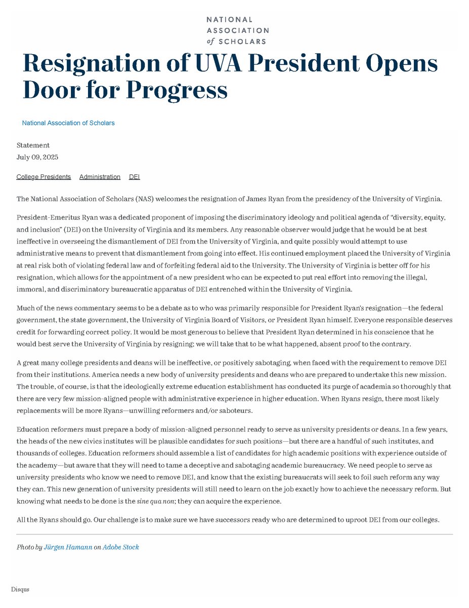 TheJeffersonC's tweet image. The Jefferson Council led the charge for Jim Ryan’s resignation. Now the National Association of Scholars (@NASorg) has joined in—leaving no doubt that UVA is better off without him.
“President-Emeritus Ryan was a dedicated proponent of imposing the discriminatory ideology and…