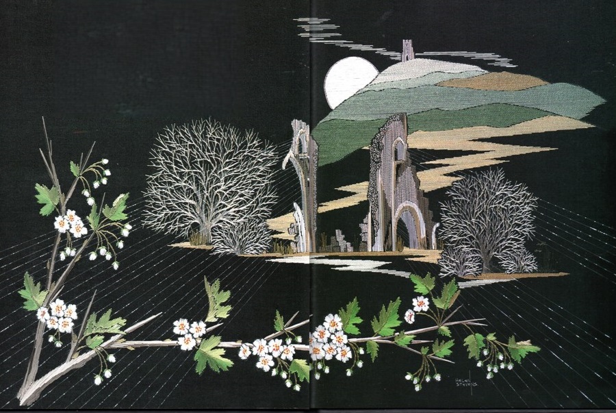 helen_m_stevens's tweet image. A landscape on a black background is always more challenging than on a pale ground - but there are some scenes that cry out for it! The magic of Glastonbury is a case in point. St. Dustan, sometime Abbot of Glastonbury (circa 943 to 957), was known to create embroidery patterns…