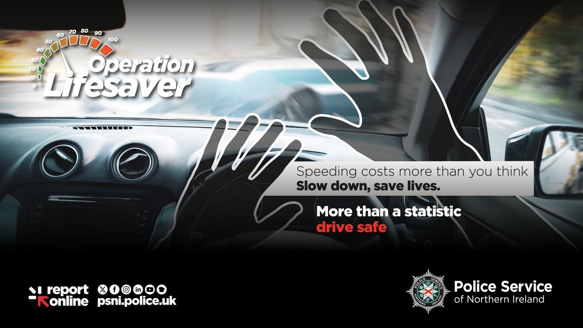 NIRoadPolicing's tweet image. Before you drive, take a few minutes and think, how do you want your car journey to end?
Speeding or careless driving puts lives at risk - your own, your passengers’ and others on the road.
Play your part, slow down and help save lives.
#OpLifesaver
