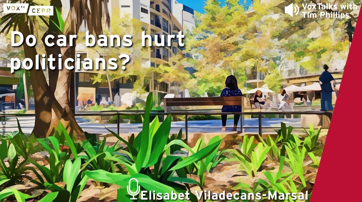 voxeu's tweet image. Do car bans cost votes?
@eviladecans @UniBarcelona talks to @timsvengali about Barcelona’s “Superblocks” and whether car-free zones hurt local politicians at the ballot box.
Listen here: cepr.org/multimedia/do-…