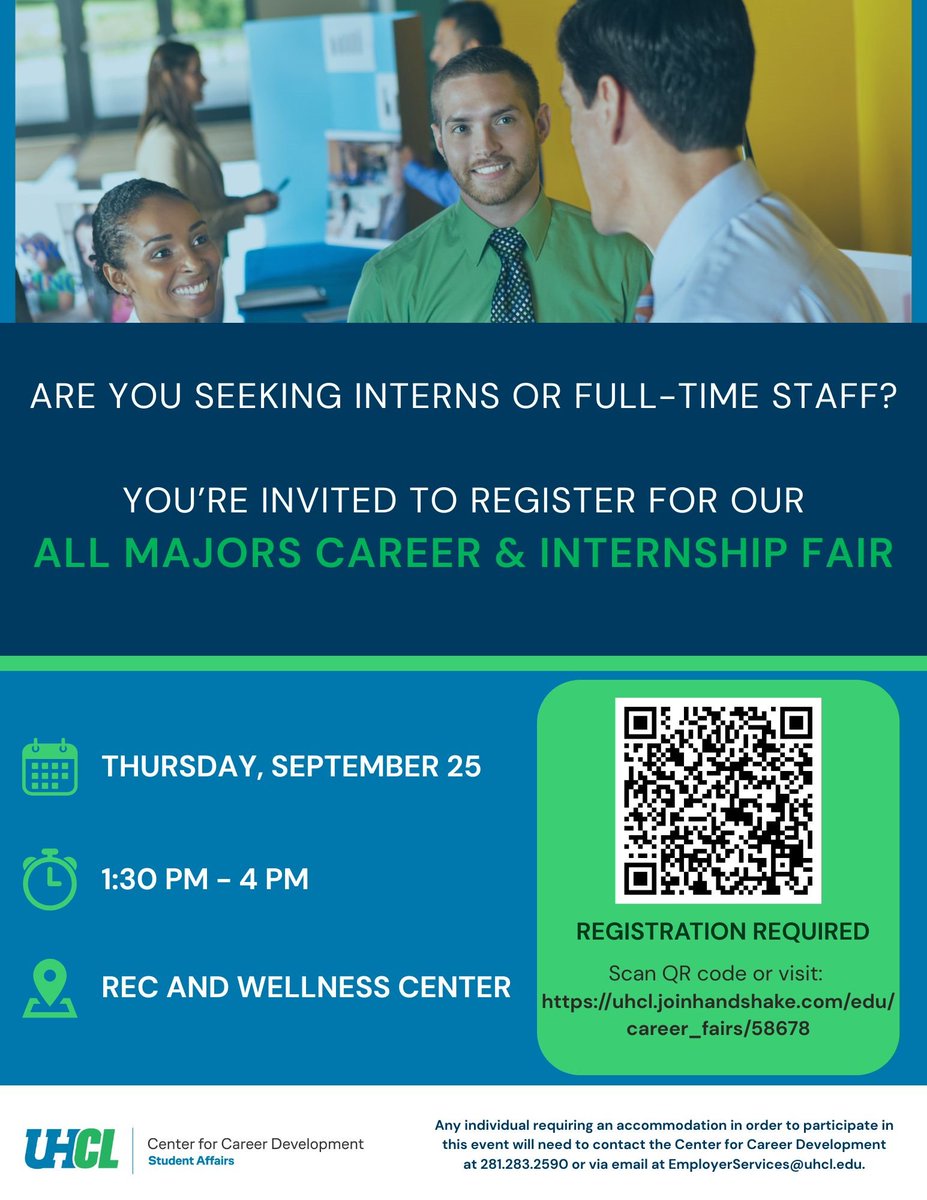 clacctx's tweet image. Looking to build your future workforce?
Join us at the Fall 2025 Career & Internship Fair and connect with students and recent grads ready to make an impact.
Register here: uhcl.joinhandshake.com/career_fairs/a…
#TalentPipeline #InternshipOpportunities #UHCLCareerFair