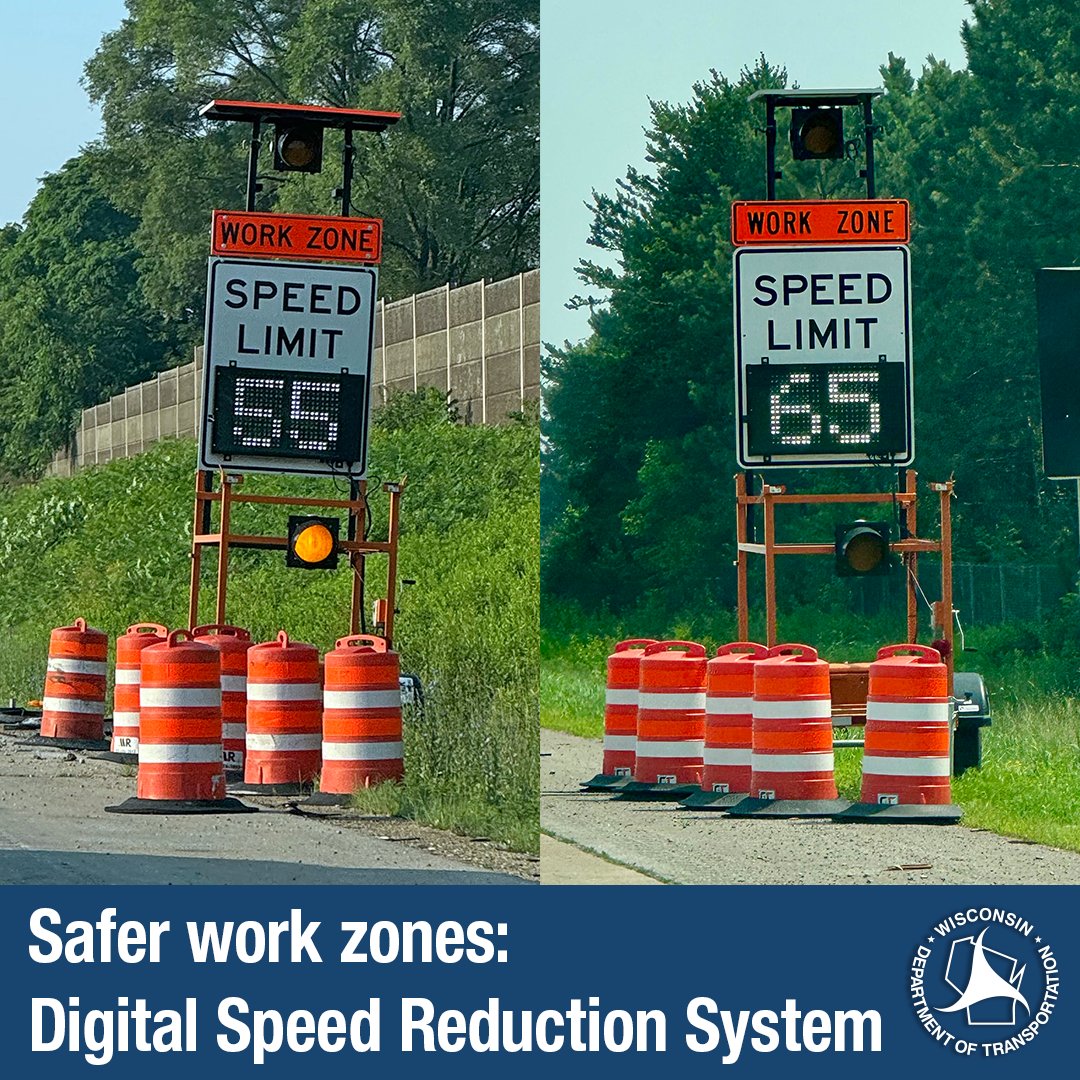 WisconsinDOT's tweet image. DYK? We implement a Digital Speed Reduction System (DSRS) on some WisDOT construction projects to keep workers and the traveling public safe. Crews can automatically change these digital signs to a lower speed limit when workers are present. #WorkZoneSafety