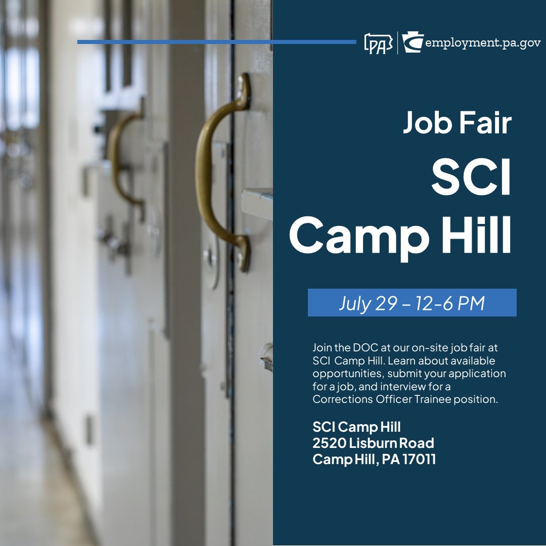 CorrectionsPA's tweet image. Swing by our job fair at SCI Camp Hill next week to meet with DOC recruiters and learn about the many benefits of a career in corrections!
📆 July 29
⏰ 12-6 PM
📍 SCI Camp Hill, 250 Lisburn Road, Camp Hill
For more details on a career in the DOC, swing by a fair or visit ⤵…