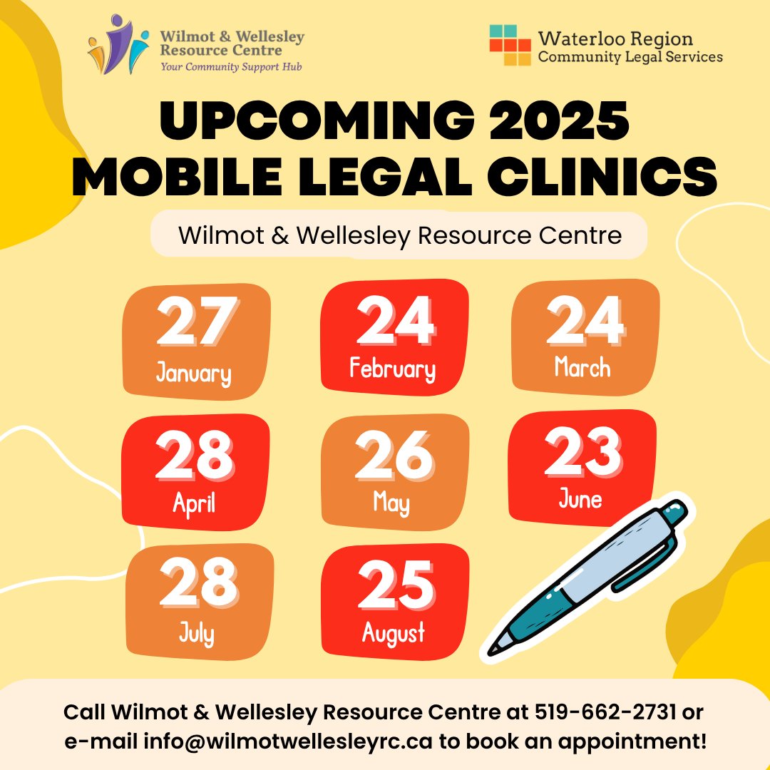 Waterloo Region Community Legal Services (@wrlegalservices) on Twitter photo 📌 We will be back at Wilmot & Wellesley Resource Centre. in New Hamburg on Monday, July 28 from 9 am to 12 pm.
☎️ Contact <a href="/OfficialWWRC/">Wilmot & Wellesley Resource Centre</a> to book an appointment for free legal help!
📅 We will be back at Wilmot Family Resource Centre on August 25.@ 📌 We will be back at Wilmot & Wellesley Resource Centre. in New Hamburg on Monday, July 28 from 9 am to 12 pm.
☎️ Contact <a href="/OfficialWWRC/">Wilmot & Wellesley Resource Centre</a> to book an appointment for free legal help!
📅 We will be back at Wilmot Family Resource Centre on August 25.@