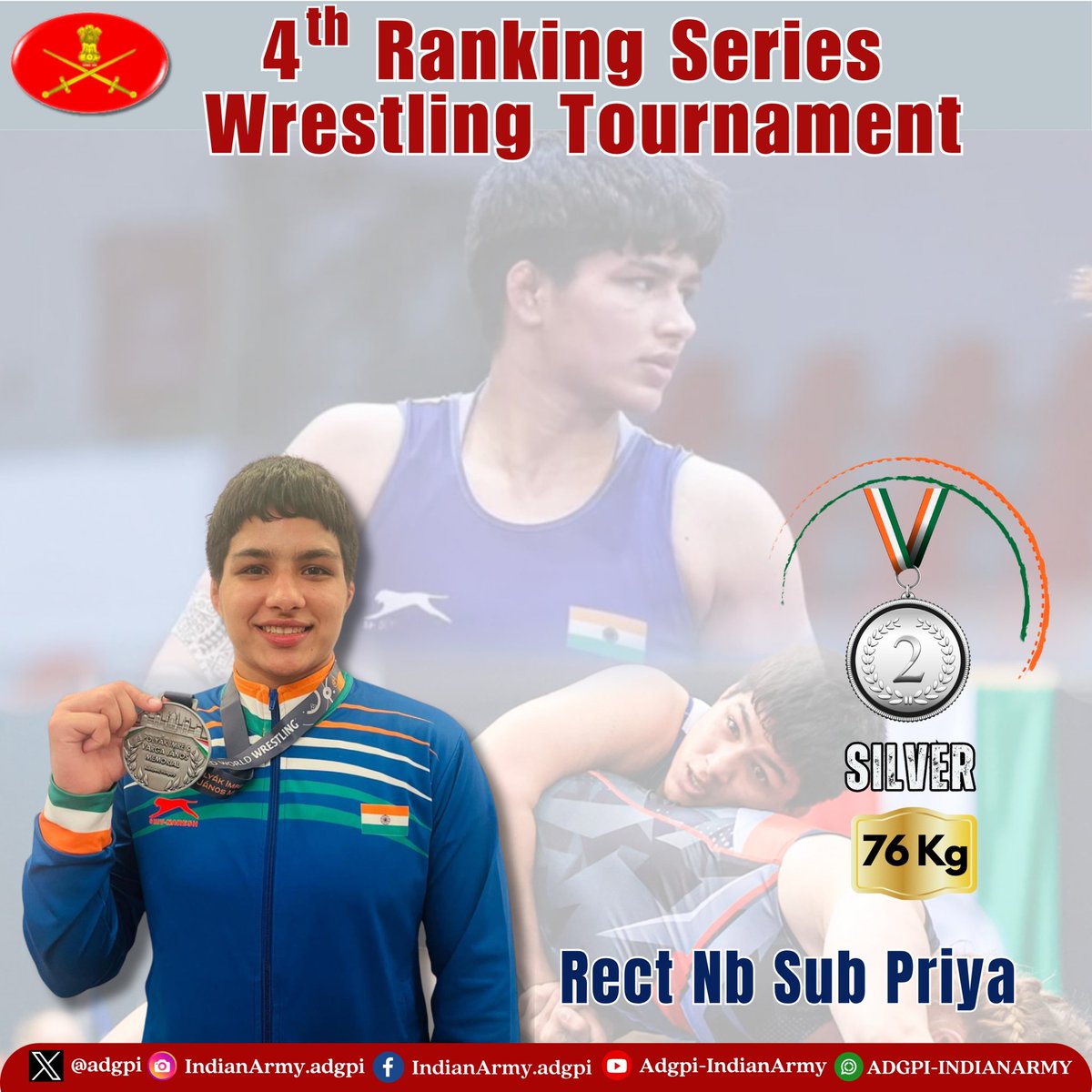 adgpi's tweet image. Recruit Naib Subedar Priya exhibited exceptional skill and won the 🥈Silver Medal in the 76 Kg Freestyle category at the 4th Ranking Series Wrestling Tournament held in Budapest, #Hungary.
The Indian Army’s remains committed in nurturing sporting excellence and empowering…