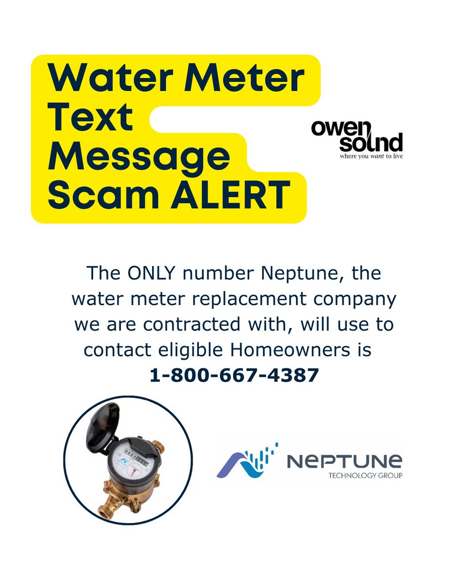 It has come to our attention that some Owen Sound residents have been receiving text messages regarding the water meter replacement program. Report all other calls/texts to the Owen Sound Police Services.