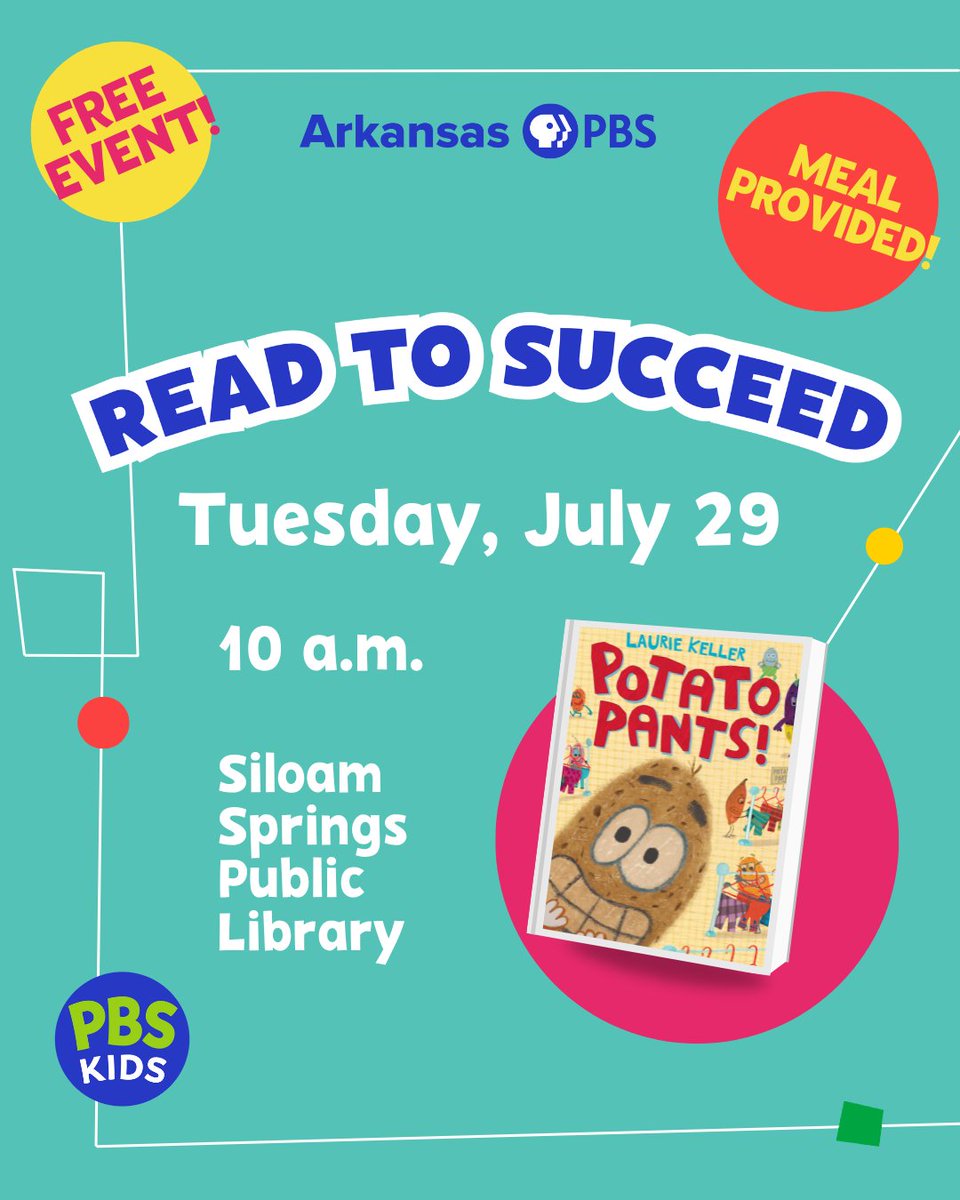 ArkansasPBS's tweet image. Family learning fun is coming to Siloam Springs July 29 with Read to Succeed! Come see us starting at 10 a.m. in the Siloam Springs Public Library at 205 E. Jefferson St. Details: myarpbs.org/events
Made possible by the Joan R. & Charles M. Taylor II Memorial Endowment Fund