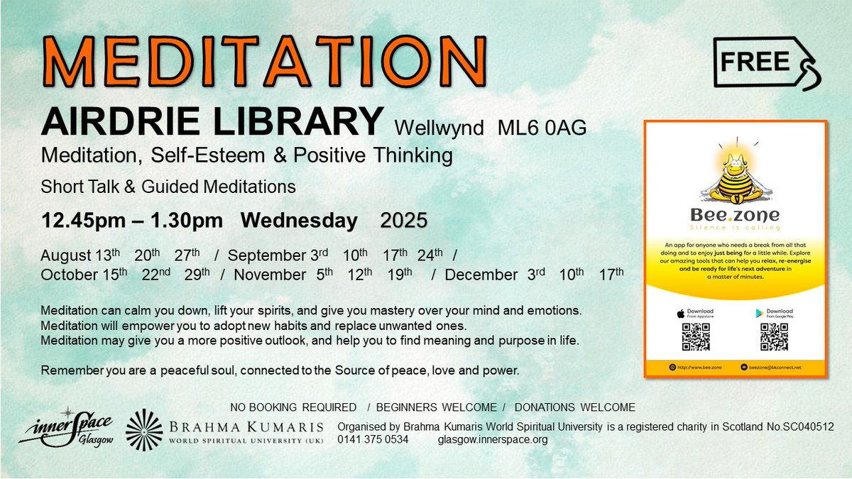 #free #MEDITATION at Airdrie Library , Wellwynd ML6 0AG <a href="/LibrariesNL/">North Lanarkshire Libraries</a>  Meditation can calm you down, lift your spirits, and give you mastery over your mind and emotions.   glasgow.innerspace.org/calendar