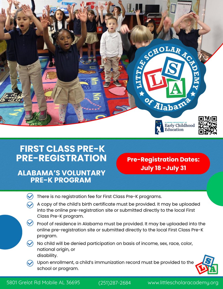 Mobile, Alabama we have expanded and added our Pre-K program at Little Scholar Academy. Registration is now available with the link below. 

First day of school August 11th

children.alabama.gov
