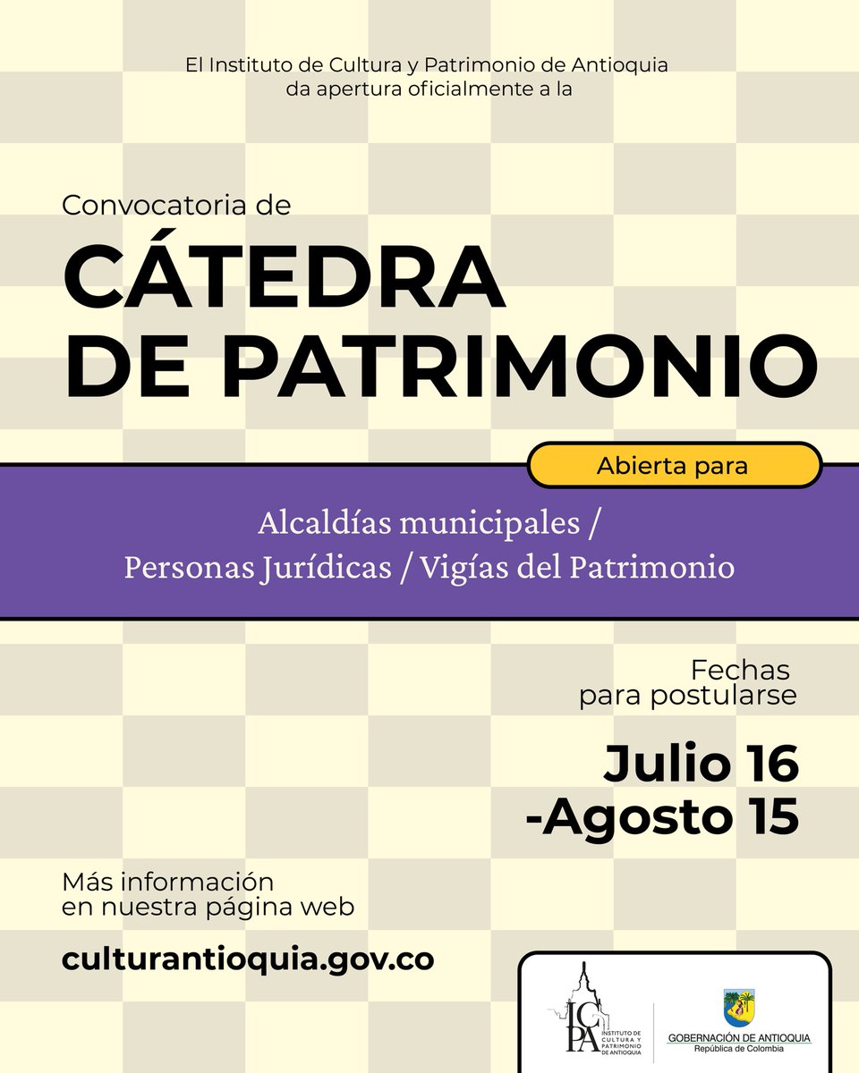 ¿Quieres ser parte de nuestras Cátedras de Patrimonio? Representa a tu municipio y adquiere las herramientas necesarias para tu gestión en nuestras paradas. 

Hasta el 15 de agosto están abiertas las inscripciones en culturantioquia.gov.co/catedra-de-pat…

¡Te esperamos!