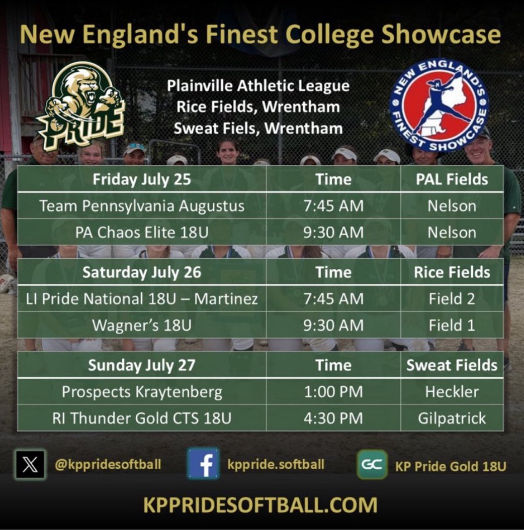 Gabbie Petrillo 2028 (@gabbie_petrillo) on Twitter photo Excited for our last tournament of the season at New England’s Finest College Showcase!
Here is our schedule ⬇️⬇️
<a href="/KPPrideSoftball/">KP Pride Softball</a> <a href="/BillPereira11/">Bill Pereira</a> <a href="/d1fastpitch1/">D1 Fastpitch</a> <a href="/LegacyLegendsS1/">Legacy & Legends Softball</a> <a href="/ExtraInningSB/">EXTRA INNING SOFTBALL</a> <a href="/CoastRecruits/">Coast 2 Coast Recruits</a> <a href="/IHartFastpitch/">I❤️Fastpitch</a> <a href="/ImpactRetweets/">Impact Promotions</a> Excited for our last tournament of the season at New England’s Finest College Showcase!
Here is our schedule ⬇️⬇️
<a href="/KPPrideSoftball/">KP Pride Softball</a> <a href="/BillPereira11/">Bill Pereira</a> <a href="/d1fastpitch1/">D1 Fastpitch</a> <a href="/LegacyLegendsS1/">Legacy & Legends Softball</a> <a href="/ExtraInningSB/">EXTRA INNING SOFTBALL</a> <a href="/CoastRecruits/">Coast 2 Coast Recruits</a> <a href="/IHartFastpitch/">I❤️Fastpitch</a> <a href="/ImpactRetweets/">Impact Promotions</a>