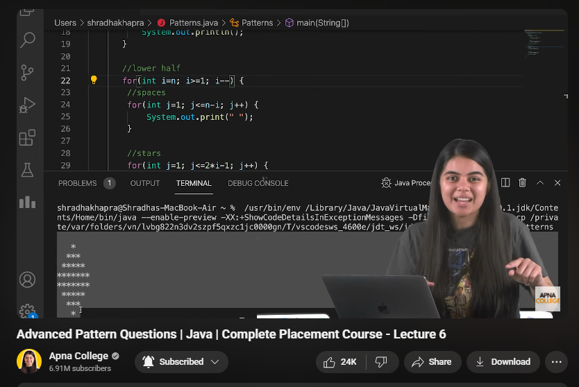 coderkartik7's tweet photo. 👨‍💻 Day 3 of #100DaysOfCode
🧩 Cracked 9 basic pattern problems in Java(Pyramid, Inverted,Hollow..)
⭐️ Practiced 5 advanced patterns (Butterfly, Diamond &amp; more)
💡 Nested loops +Logic = 🔥
Special Thanks thanks to @ApnacollegeX 
#Java #DSA #CodeNewbie #PatternPrinting #ApnaCollege https://t.co/wCVh1TjHjw