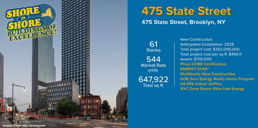 NYSERDA's tweet image. ‘Shore to Shore: Buildings of Excellence’ push the limits of what buildings can be for people, for the planet, & progress. 475 State Street is a 648K sq ft, new construction mixed-use tower in Brooklyn.