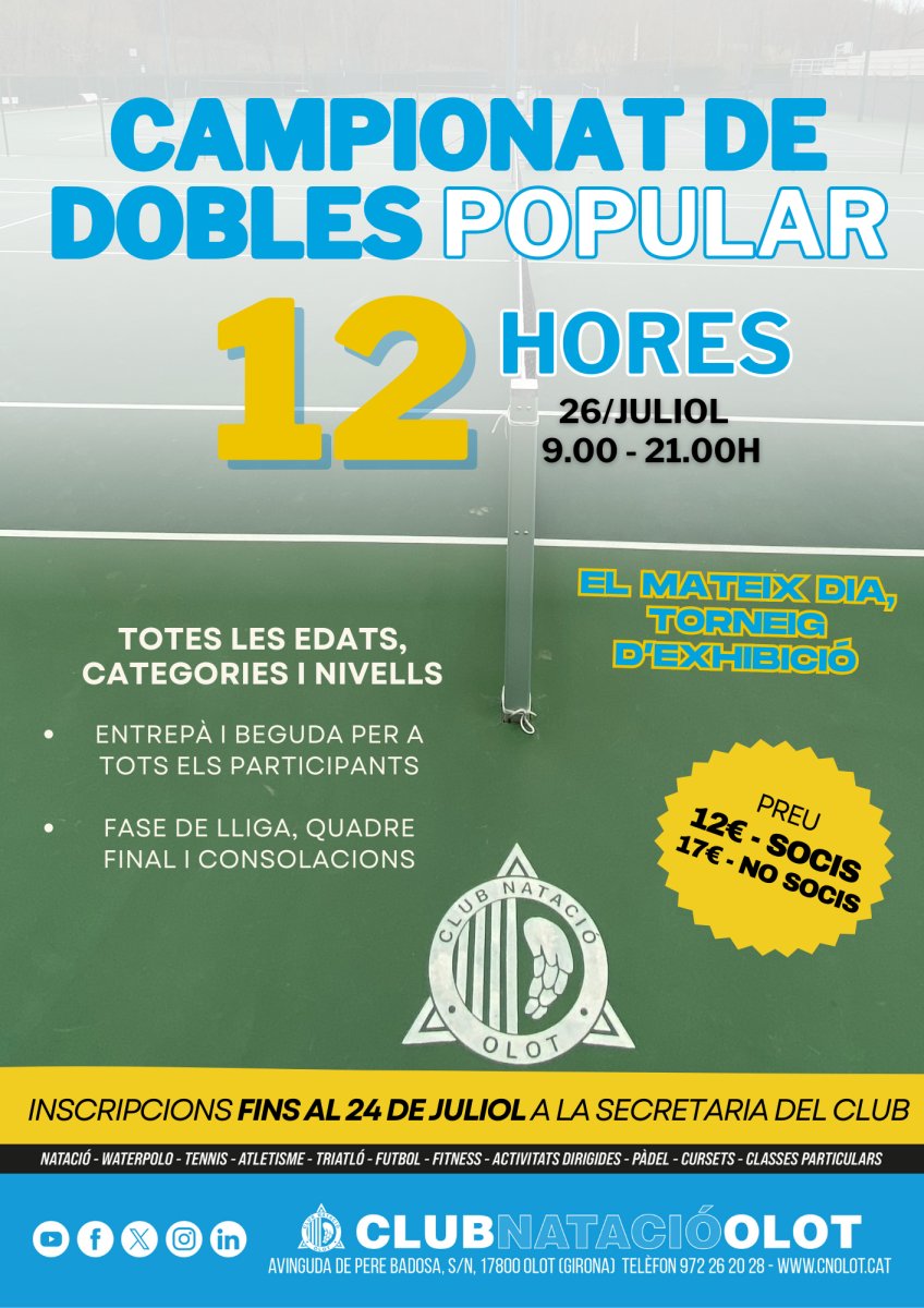 🎾Apunta't a les 12 hores de #Tennis al CN #Olot!

Aquest dissabte, viu una jornada espectacular de tennis a les nostres instal·lacions, amb un torneig d'exhibició.

+ INFO i inscripcions 🔗cnolot.cat/catalan/notici…