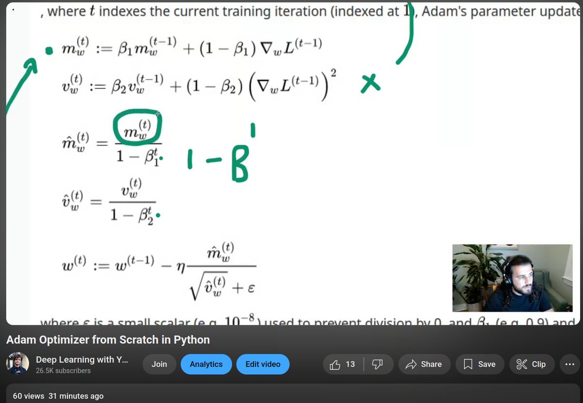 yacinelearning's tweet image. 15 min tutorial on the adam optimizer
by the end of it you will understand what is up with the formula 100%
you'll see it's not that complicated™️
