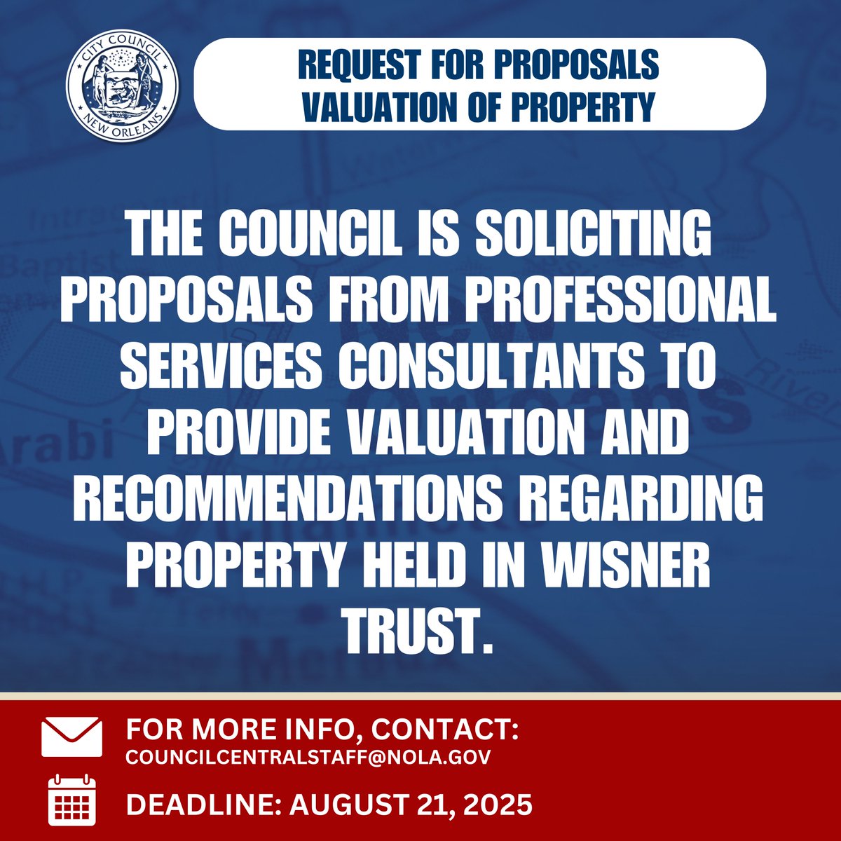 NOLACityCouncil's tweet image. The Council is soliciting proposals Professional Services Consultant to provide valuation and recommendations regarding property held in Wisner Trust.
Visit council.nola.gov/contracts/ to view the RFP. #NOLA #NOLACityCouncil