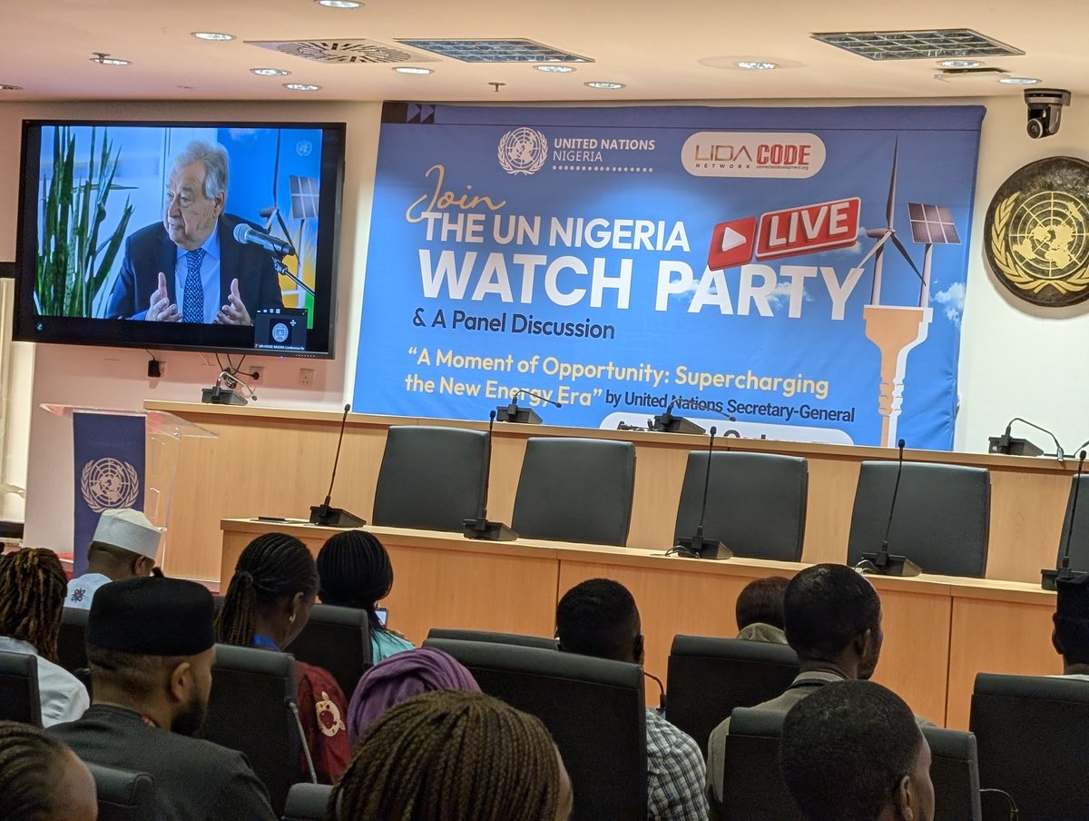 UN_Nigeria's tweet photo. Happening now at the @UN House #Abuja: A watch Party for the UN Secretary-General @antonioguterres landmark speech on 'A moment of Opportunity: Supercharging the new energy era. https://t.co/qAYWJdgepd