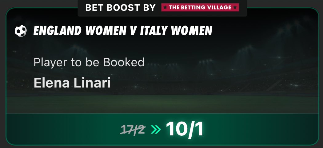 Boosted cards single. Booked in 2 of her last 5. 

Longshot but biggest price on the market by far 🟡🔴

Here 👉🏼 bit.ly/40u74JF

Price subject to change.

18+ gambleaware #AD T&amp;Cs apply