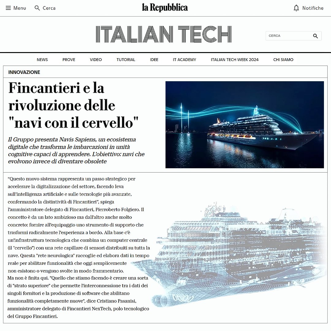 Fincantieri's tweet image. Rivoluzionare vuol dire evolversi, trasformarsi, cambiare prospettiva, superando i processi tradizionali in favore di un cambiamento capace di aprire le porte a nuove opportunità.
Questo è l’obiettivo di Navis Sapiens, un paradigma destinato a ridefinire il concetto di nave,…