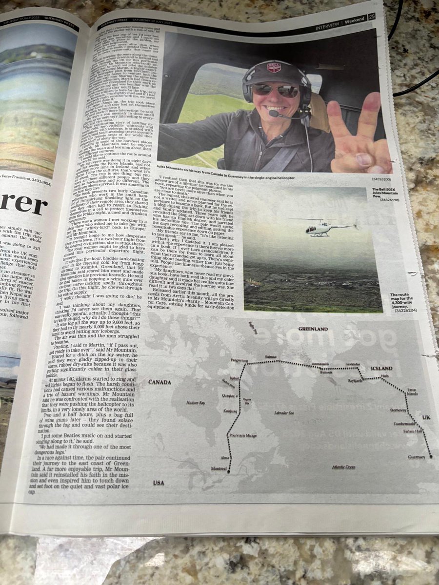 EyeAndLightning's tweet image. Very nice coverage in the @GuernseyPress of Jules Mountain’s daredevil quest to fly a light helicopter on the 4,300-mile polar route from Montreal to the Channel Islands, as recounted in his new book Arctic Insanity eye-books.com/books/arctic-i…