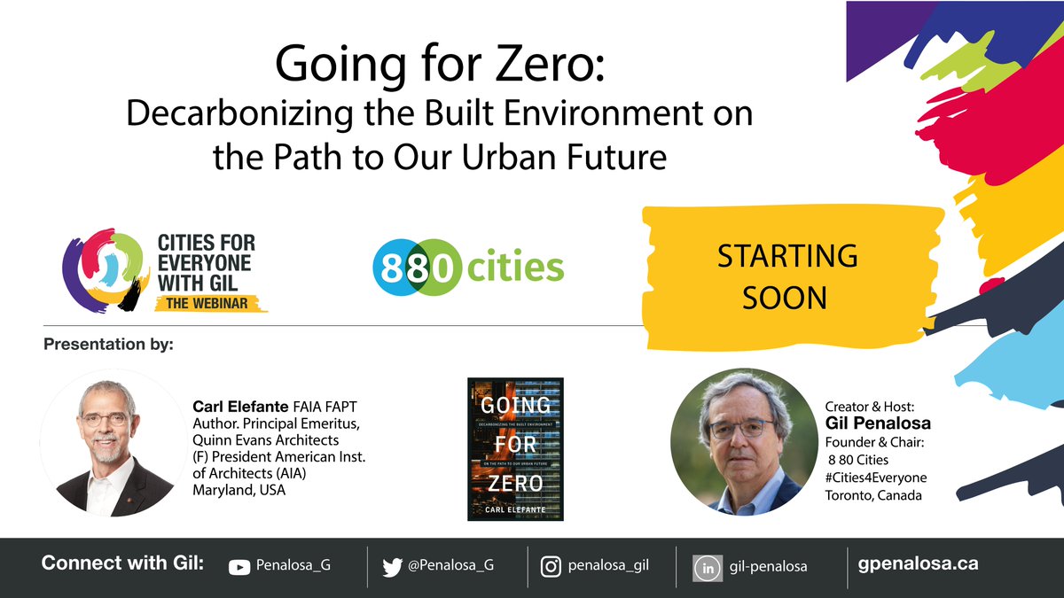 Penalosa_G's tweet image. Invited, FREE, in 90 minutes, 11am EST / 5pm CET
GOING FOR ZERO • Decarbonizing the Built Environment
My bi-weekly webinar #Cities4Everyone. The guest is author Carl Elefante
Many 100s registered from over 20 countries!
Register now, always free: bit.ly/3FN9dcQ