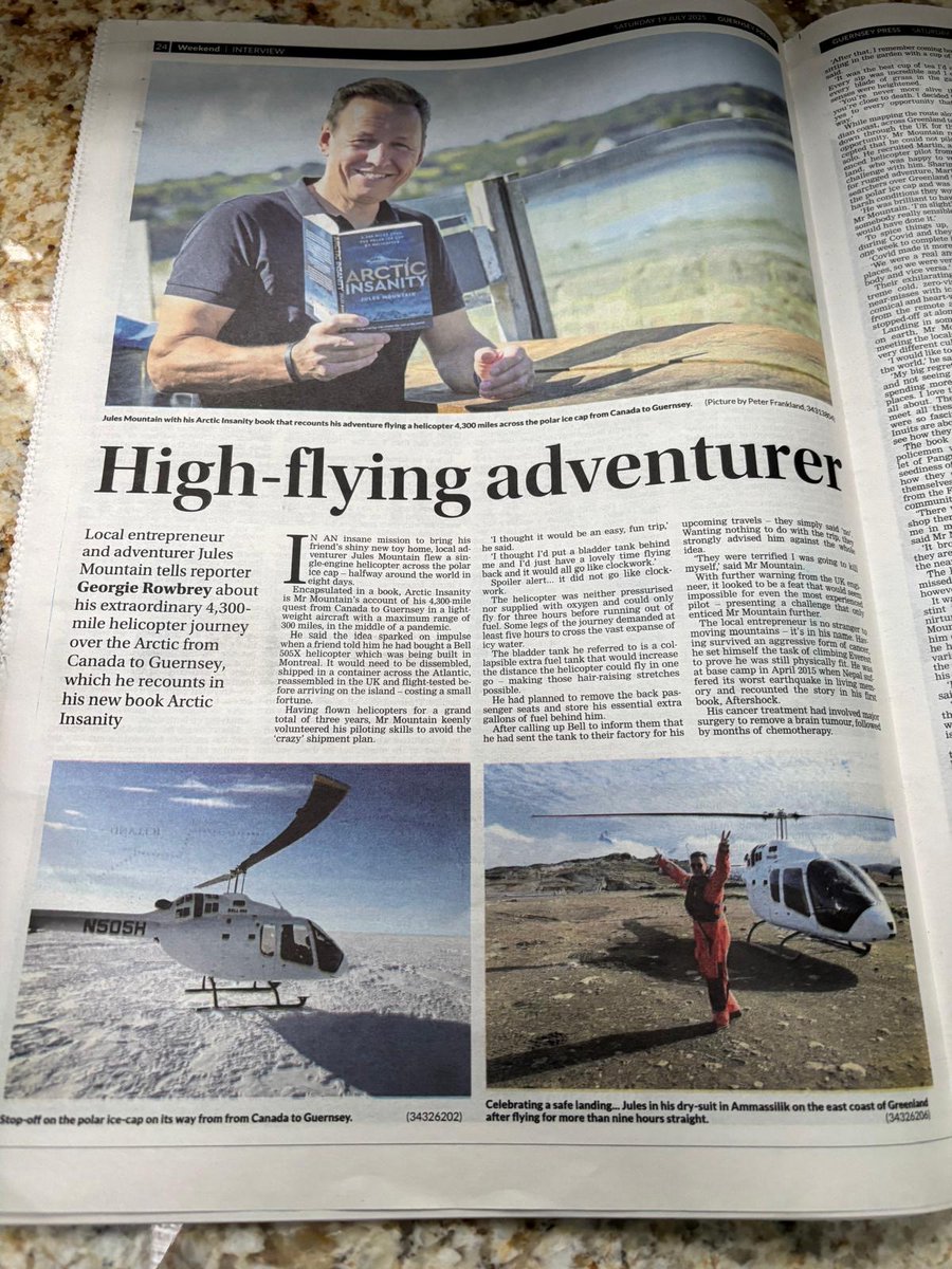 EyeAndLightning's tweet image. Very nice coverage in the @GuernseyPress of Jules Mountain’s daredevil quest to fly a light helicopter on the 4,300-mile polar route from Montreal to the Channel Islands, as recounted in his new book Arctic Insanity eye-books.com/books/arctic-i…