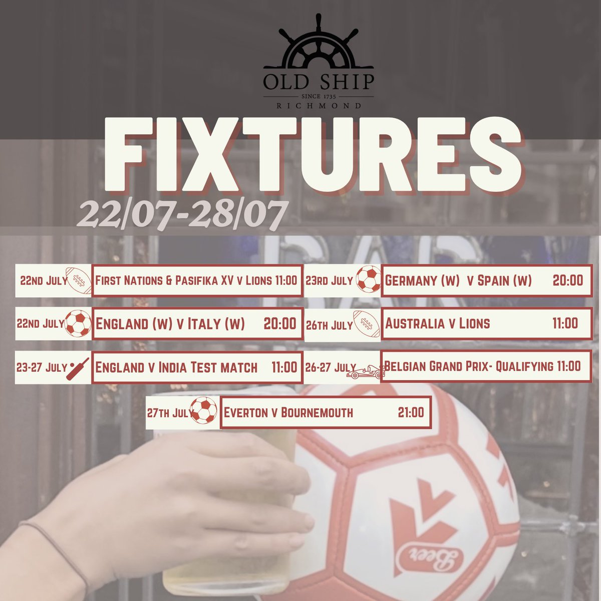 ⚽️🏈 This Week’s fixtures 🏈⚽️

Join us for a cracking week of live sport on the big screens! 

From the hard hitting Lions to must-watch footy showdowns in the Women’s Euros semis, we’ve got every kick, tackle and try covered. 

#livesport #matchday #sportspub