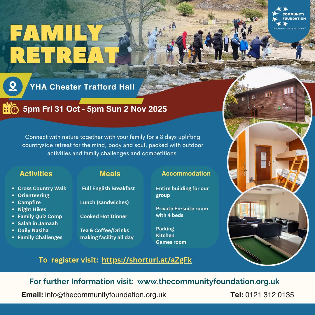 🌿 Only 2 spaces left for our Family Retreat – 31 Oct–2 Nov at YHA Chester Trafford Hall!

🏕️ Halal meals, en-suite rooms, outdoor fun &amp; spiritual reflections.

🎉 Refer a friend or family today!

📩 Book now: shorturl.at/bLg8m

#FamilyRetreat #CommunityEvent #HalalTravel