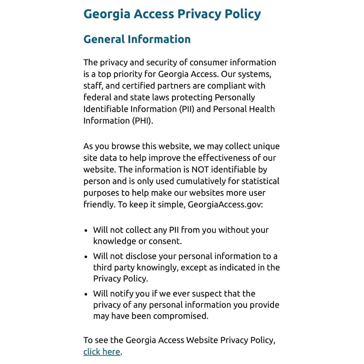 ColgaNavigator's tweet image. The privacy and security of consumer information is a top priority for Georgia Access. Our systems, staff, and certified partners are compliant with federal and state laws protecting Personally Identifiable Information (PII) and Personal Health Information (PHI).