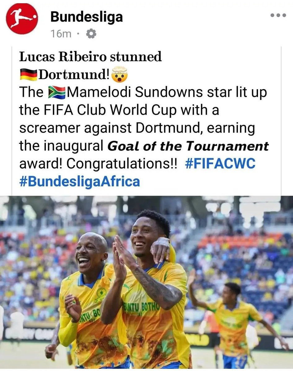 Sundowns made Ribeiro a global superstar!🌟 Now,even German Bundesliga’s official media is shouting him out for winning FIFACWC Goal of Tournament! This is what happens when talent meets Sundowns System—Ribeiro’s magic is now echoing across Europe! The world’s catching up.
