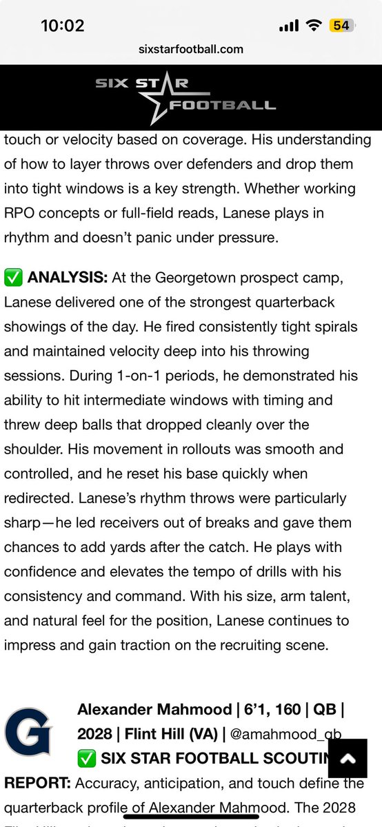 Thank you to <a href="/sixstarfootball/">Six Star Football | PLUS+</a> for the evaluation on my performance at Georgetown camp.