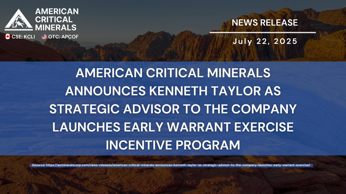 MineralsCorp's tweet image. News Alert 📣
American Critical Minerals Announces Kenneth Taylor as Strategic Advisor to the Company Launches Early Warrant Exercise Incentive Program
Read here:acmineralscorp.com/news-releases/…
🇨🇦 CSE: KCLI | 🇺🇸 OTCQB: APCOF | 🇩🇪 FRA: 2P3
#lithium #potash