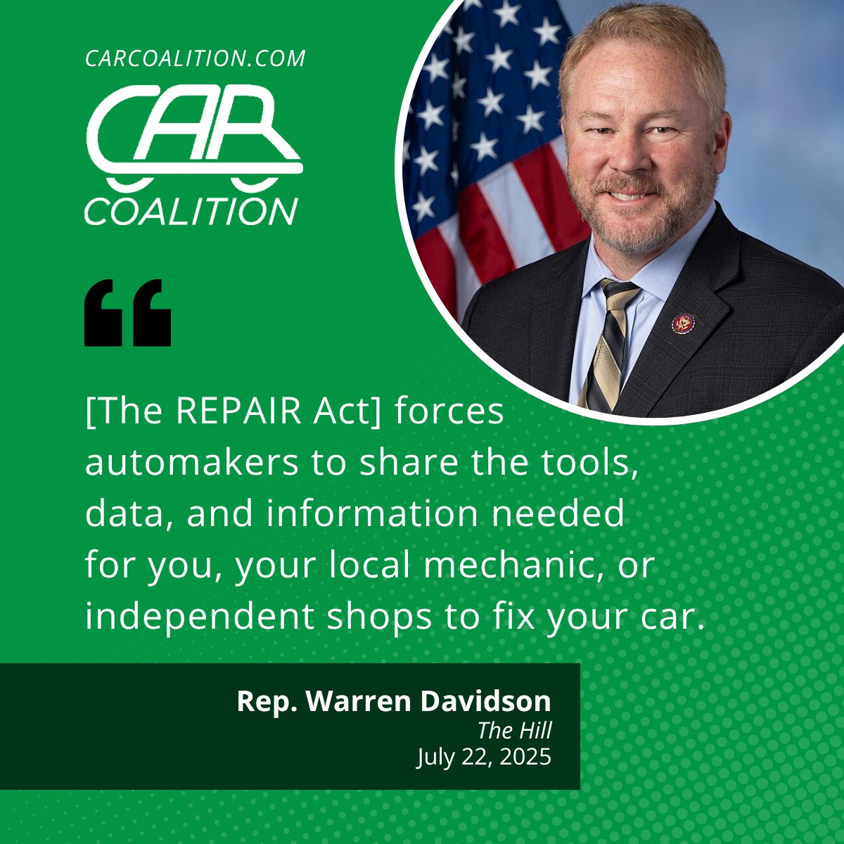TheCARCoalition's tweet image. Automakers lock out independent shops by hoarding tools and data. The cost?
- 63% of shops struggle with routine repairs
- $3.1B in added costs annually
- 5M jobs at stake
The #REPAIRAct ends the gatekeeping.
Rep. @WarrenDavidson shares how in @thehill:
thehill.com/opinion/techno…