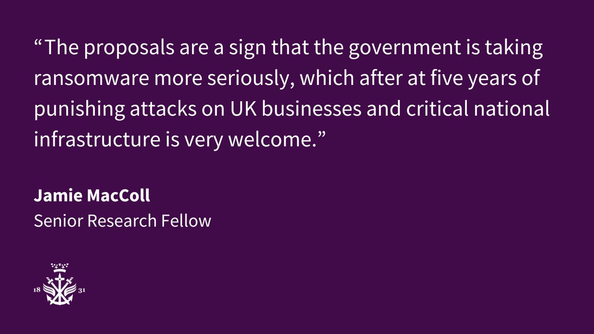 RUSI_org's tweet image. With the UK government set to ban ransomware payments for public sector organisations, RUSI's Jamie MacColl weighs in with his analysis. Read it all on our website: bit.ly/4o1eAq8