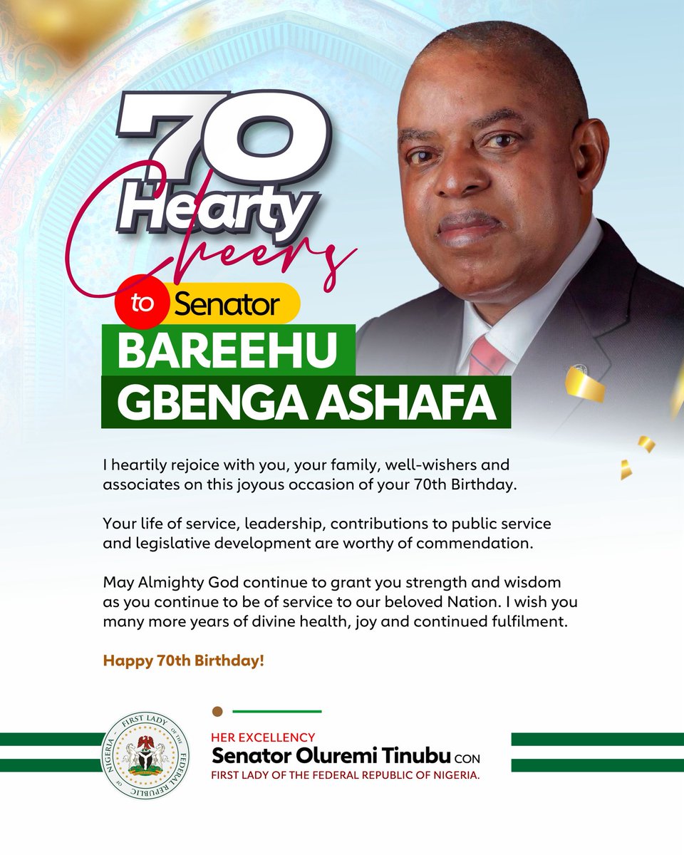 SenRemiTinubu's tweet image. 70 Hearty Cheers to Senator Bareehu Gbenga Ashafa
I heartily rejoice with you, your family, well-wishers and associates on this joyous occasion of your 70th Birthday.
Your life of service, leadership, contributions to public service and legislative development are worthy of…
