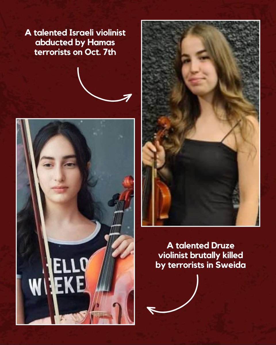 October7Attack's tweet image. Tragic melody of a death cult.
In Sweida, a 14-year-old Druze girl was brutally killed, and her violin was stolen by a fanatic who believes music is a sin.
In Israel, a 20-year-old Israeli girl was abducted by Hamas on October 7, 2023, and held captive in Gaza for 482 days.