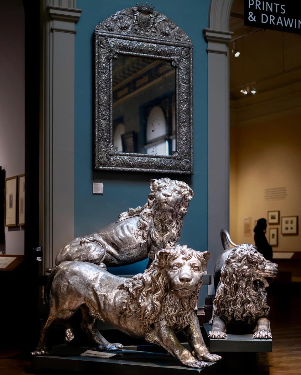 V_and_A's tweet image. Paws for thought 🦁
These three lions at the V&A Silver Gallery are 19th-century electrotype replicas of 1660s originals by Ferdinand Kyblich at Rosenborg Castle. Made by Elkington & Co., they’re stunning examples of early masterpiece preservation. Find them in Room 89!