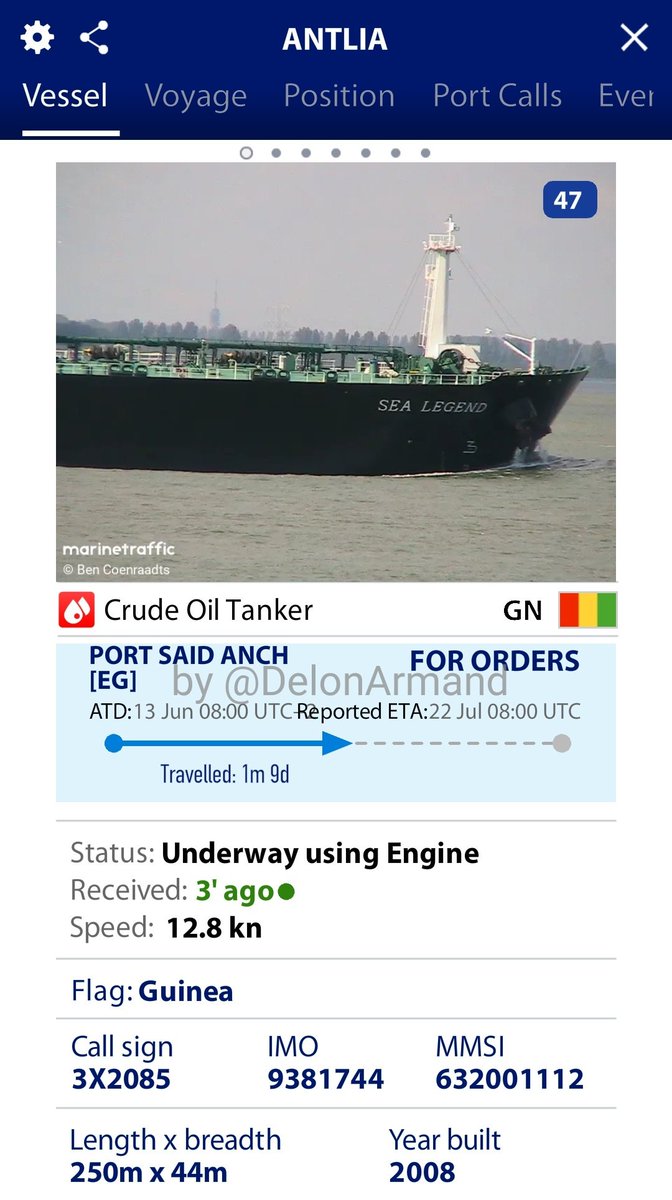 DelonArmand's tweet image. Tanquero ANTLIA navegaba con destino Amuay Anch, Venezuela y detuvo su marcha.
Procedencia: Egipto
Tipo: Aframax
Cap: ~700.000 bbl
Calado: 8 m
Continuará...
#tankers #Crude #Oil