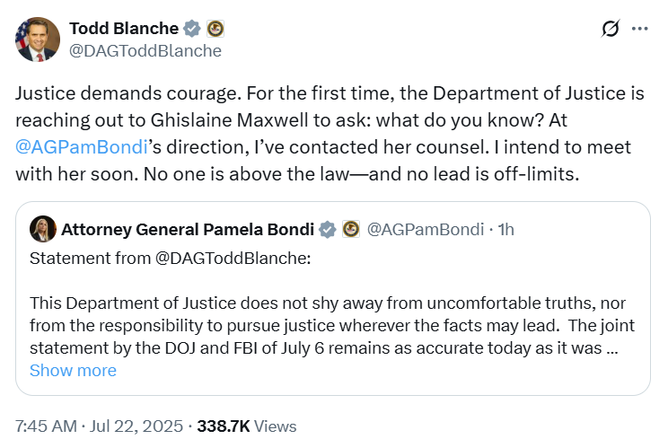 maddenifico's tweet image. You cannot make this shit up: Trump has ordered his AG, Pam Bondi, who has ordered Trump's personal attorney, Todd Blanche, to cut a deal with Ghislaine Maxwell to make sure she exonerates Jeffrey Epstein's best friend, wingman, and 'pedo bro' Donald Trump — who is the most…