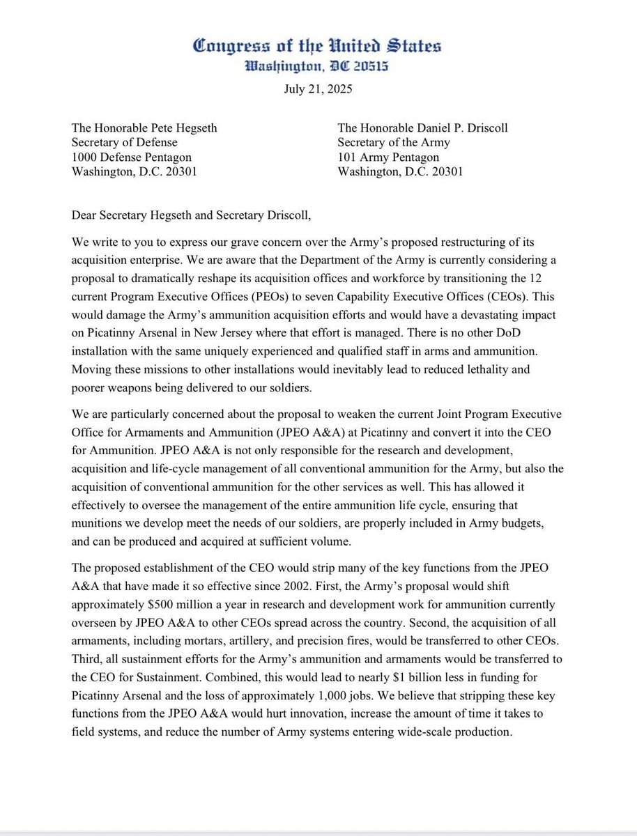 RepSherrill's tweet image. I’m leading a bipartisan group of NJ lawmakers urging Secretary Hegseth to halt the Army’s shortsighted proposal that would would shift nearly $1 billion in funding and about 1,000 jobs away from Picatinny Arsenal, threatening our national security.
We will not stand by while…