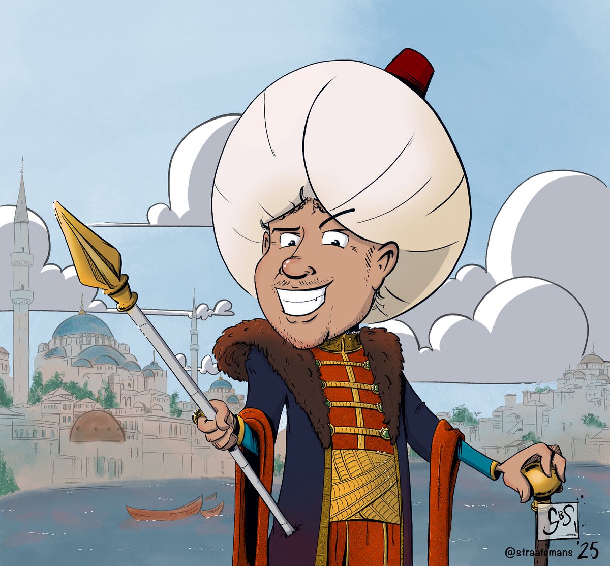 In our team portrait series; 
Behold our graphics Pasha—because when it comes to design, he rules. Master of layers, lord of layouts, sultan of spacing. 💻🖌️
#CreativePortraits #TeamIllustration #HistoricalGlowUp #PortraitSeries #DesignSultan