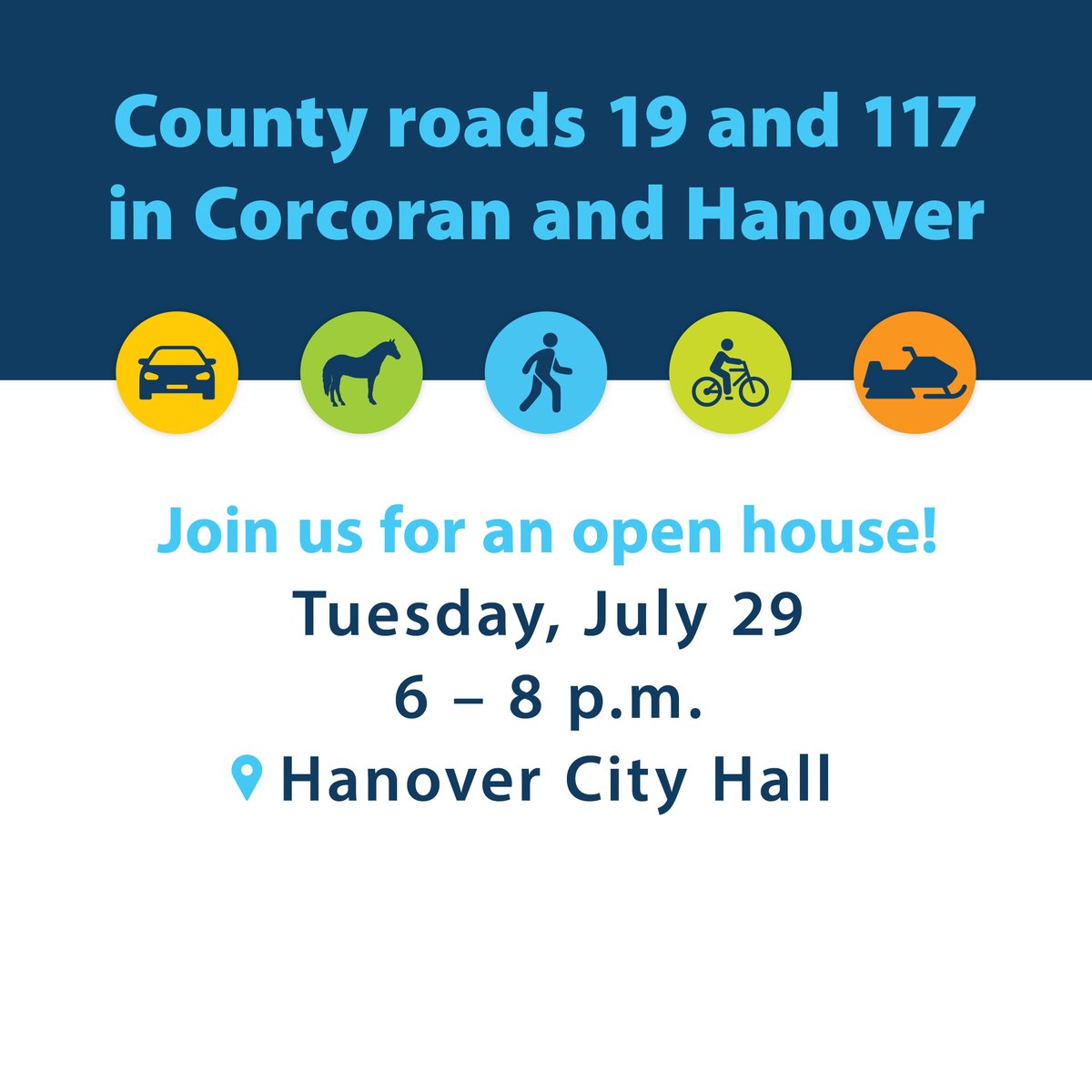 Hennepin's tweet image. Join us for an open house on Tuesday, July 29, 6 - 8 p.m. at Hanover City Hall (11250 5th St. NE). We are reconstructing the County roads 19 and 117 intersection in Corcoran and Hanover to improve safety.
You can also share your input online: beheardhennepin.org/county-roads-1…