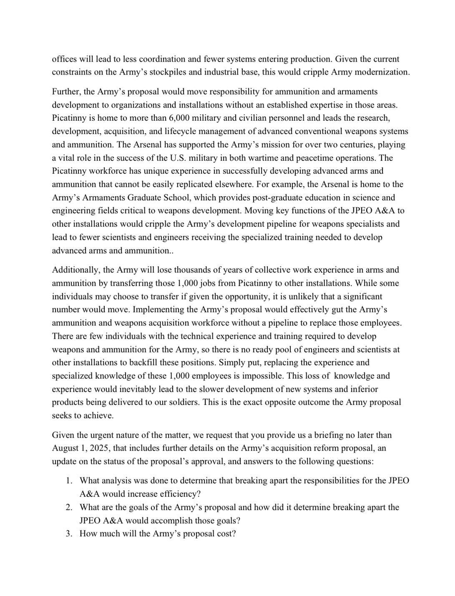 RepSherrill's tweet image. I’m leading a bipartisan group of NJ lawmakers urging Secretary Hegseth to halt the Army’s shortsighted proposal that would would shift nearly $1 billion in funding and about 1,000 jobs away from Picatinny Arsenal, threatening our national security.
We will not stand by while…