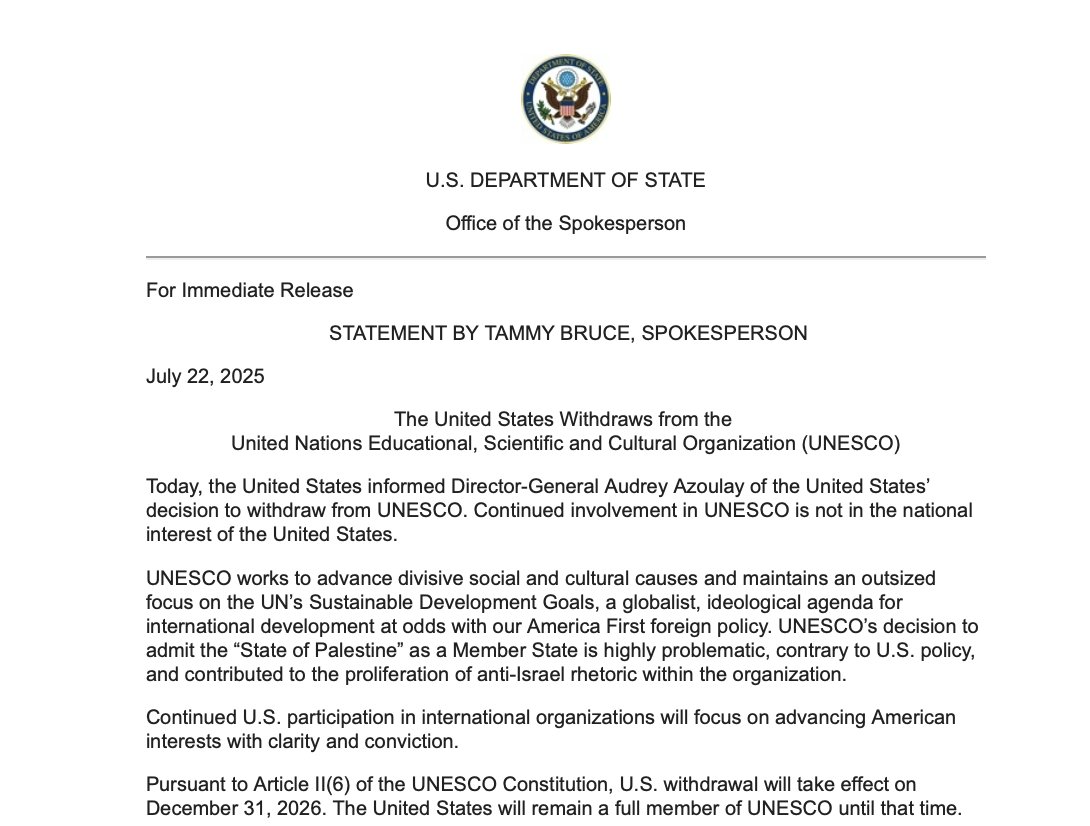 AlexandruC4's tweet image. BREAKING: Trump administration pulls US back out of UNESCO, citing its inclusion of 'State of Palestine' and support for 'woke' causes